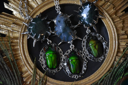 Moss agate beetle necklaces