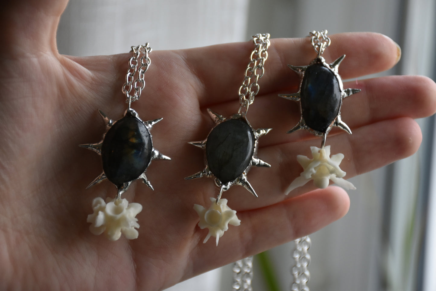 Spikey labradorite snake vertebrae necklaces