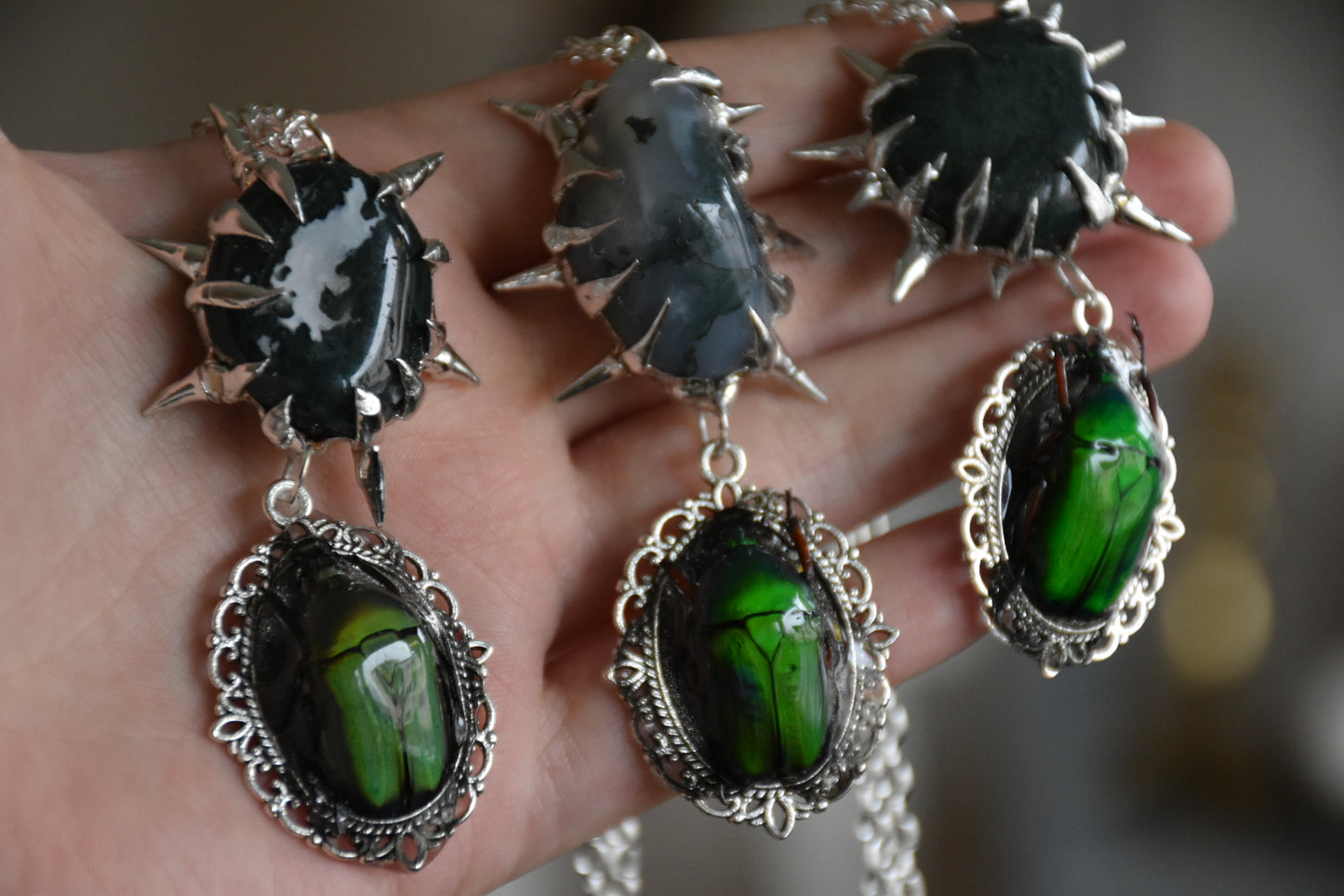 Moss agate beetle necklaces