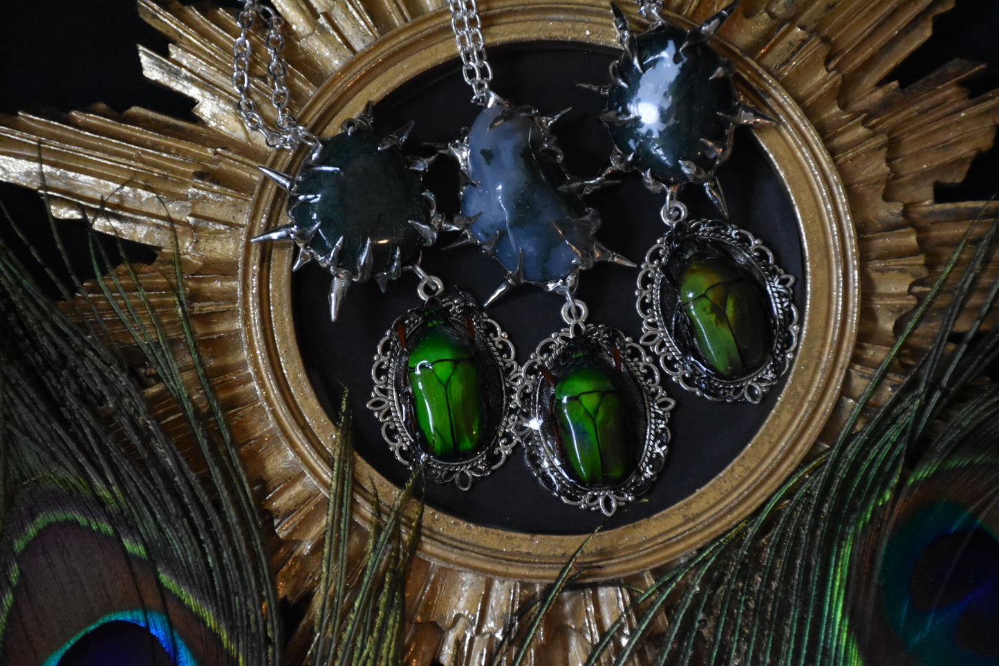 Moss agate beetle necklaces