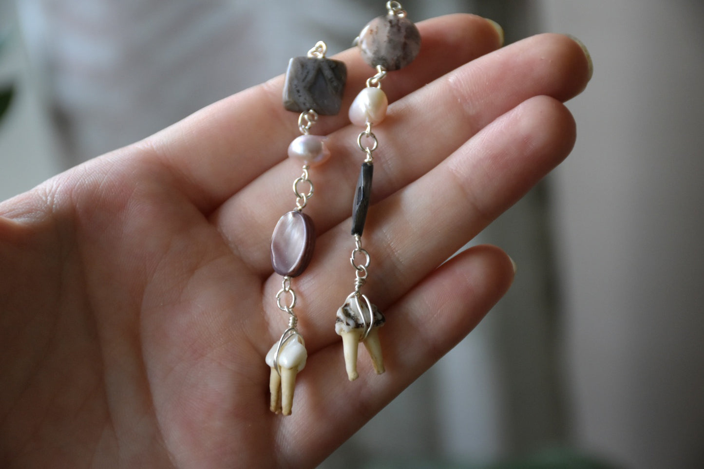 Thrifted bead tooth earrings