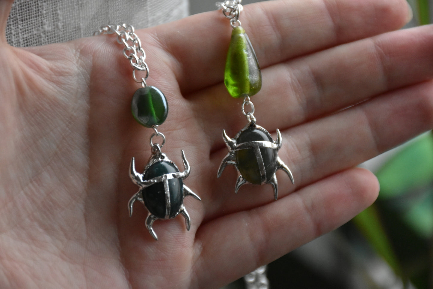 Soldered moss agate beetle necklaces