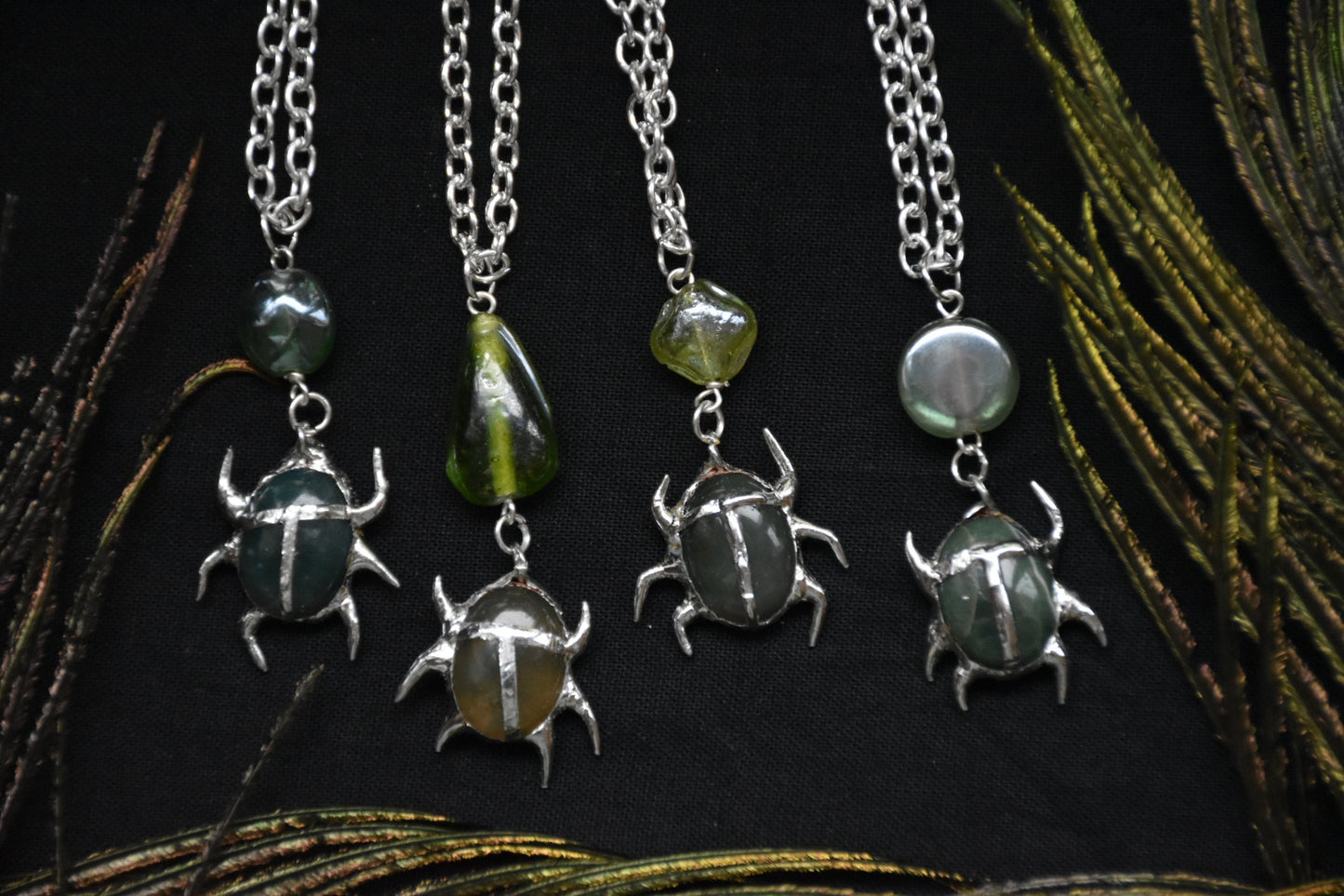 Soldered moss agate beetle necklaces