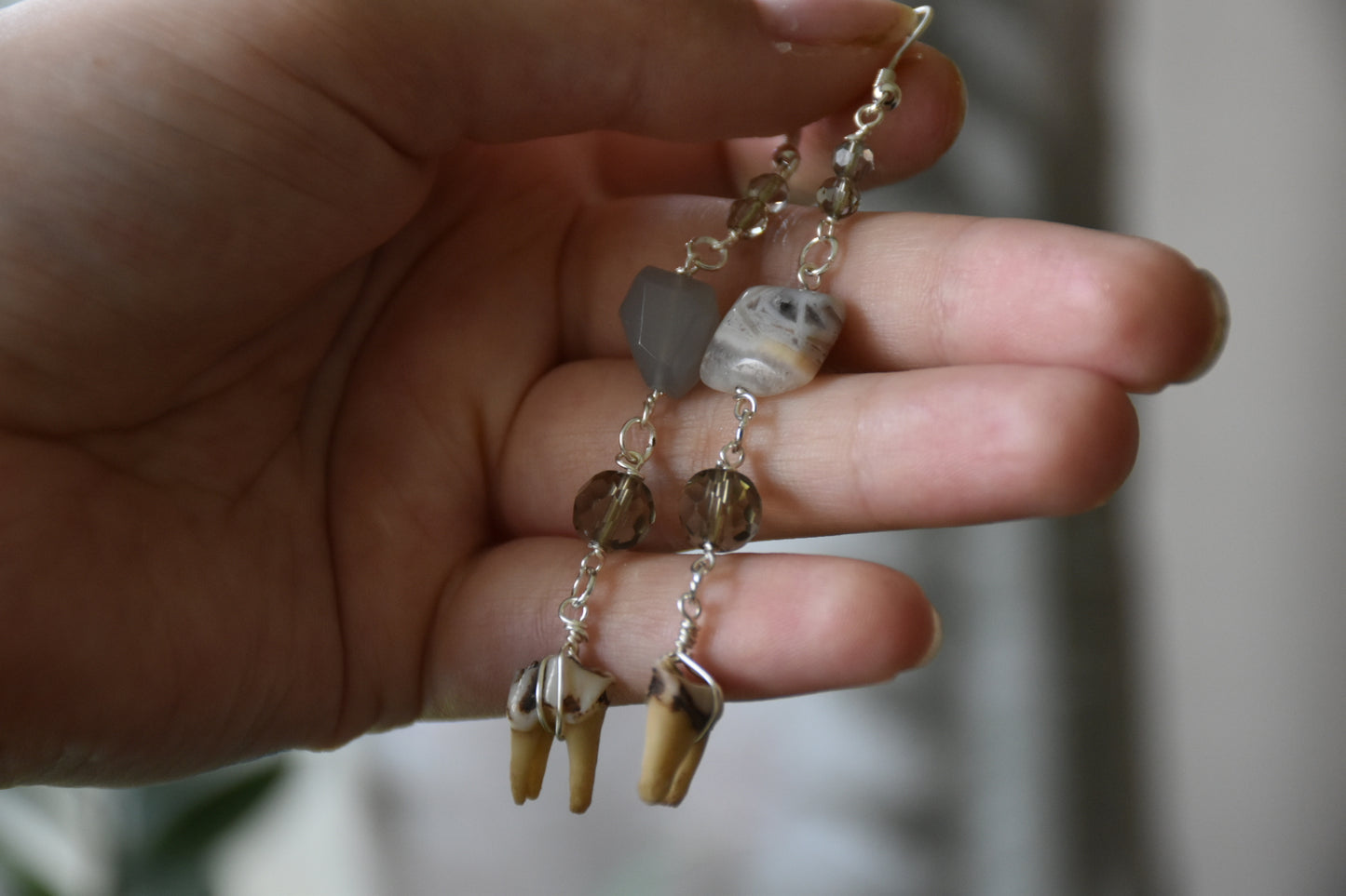 Thrifted bead tooth earrings