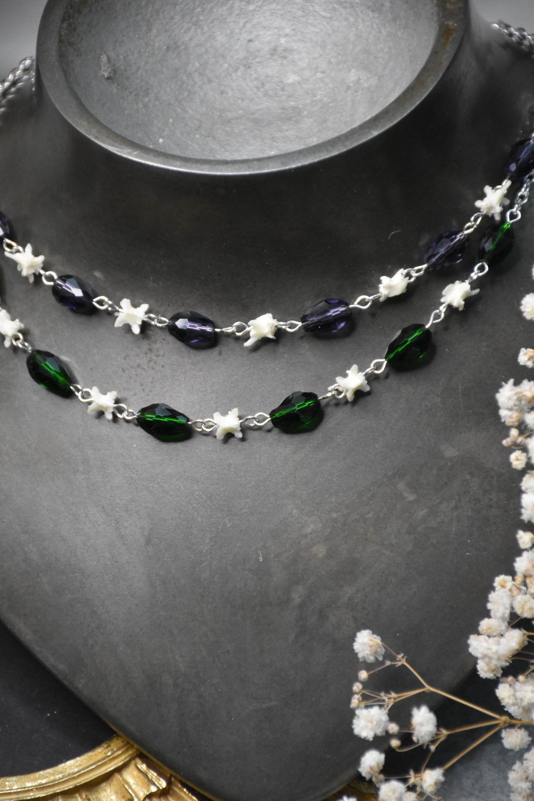 Green and purple snake bead necklace