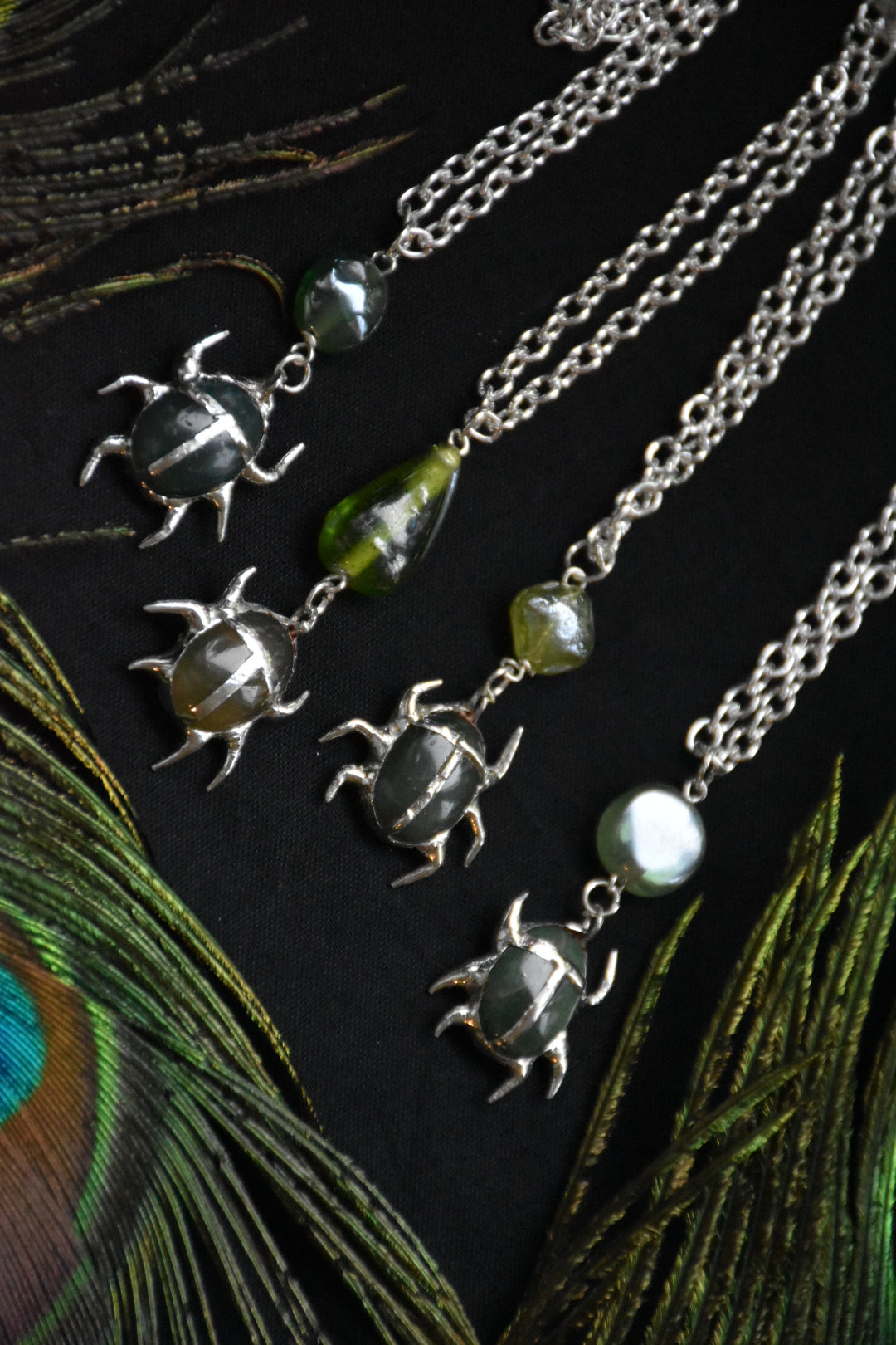 Soldered moss agate beetle necklaces